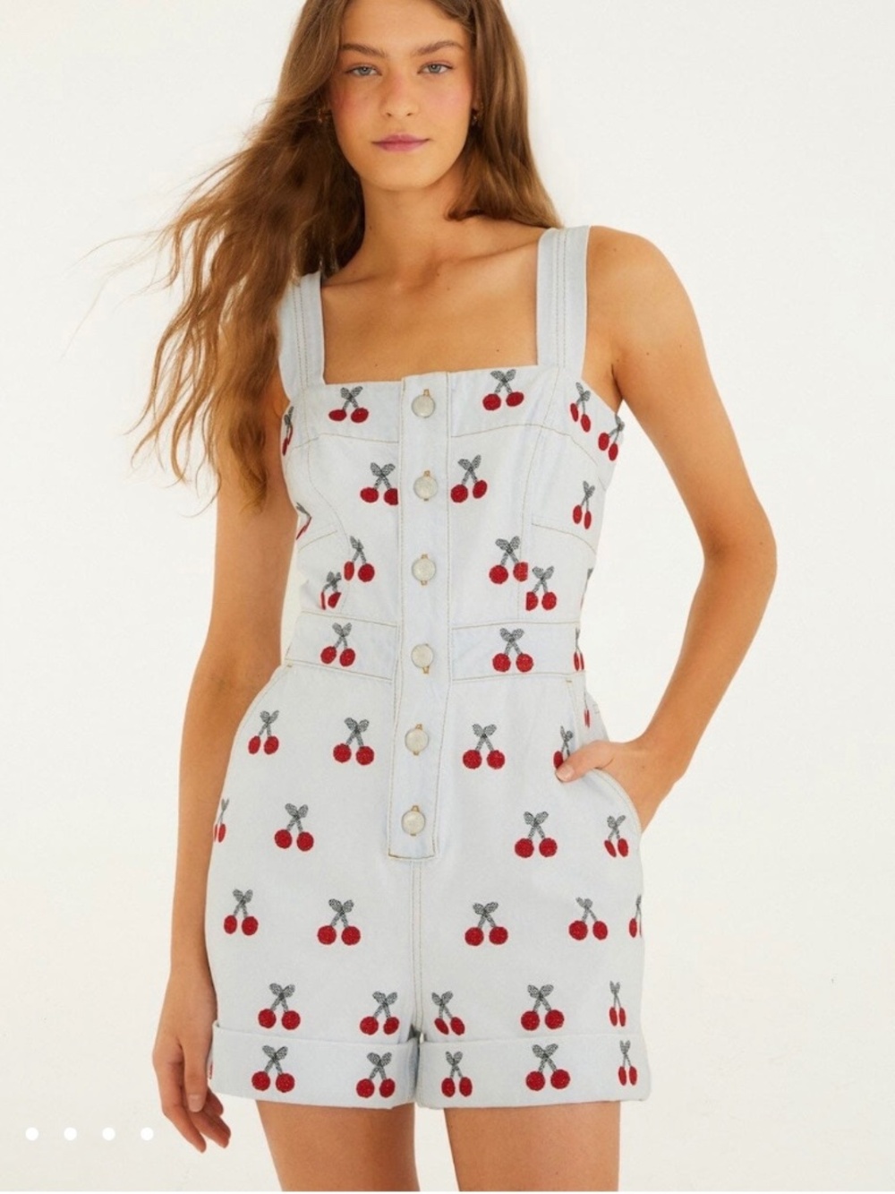 Farm Rio Denim Cherry Romper